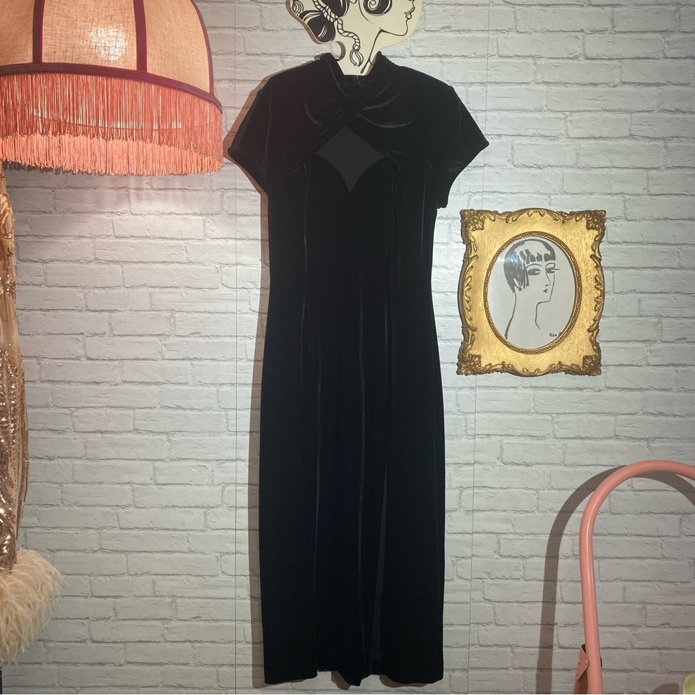 🎈SOLD 🚨VINTAGE DRESS Night Way Black Velvet Mesh Front & Back Long Maxi Dress